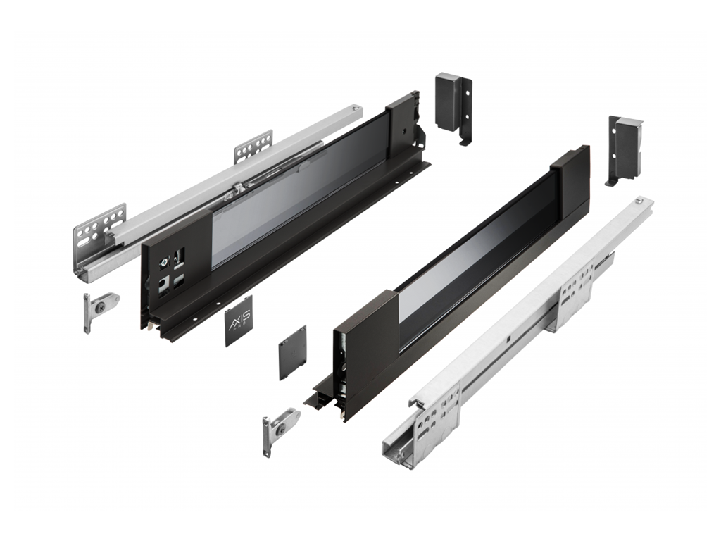 Guide per cassetti Axispro Soft close estrazione totale portata kg.40 con Spondina Nero+Vetro A mm.84 varie lunghezze | GTV - immagine 1